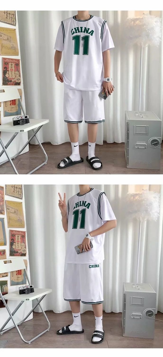 鱼安篮球队服篮球服套装男女班服街头外穿宽松fb运动服潮流假两件球衣