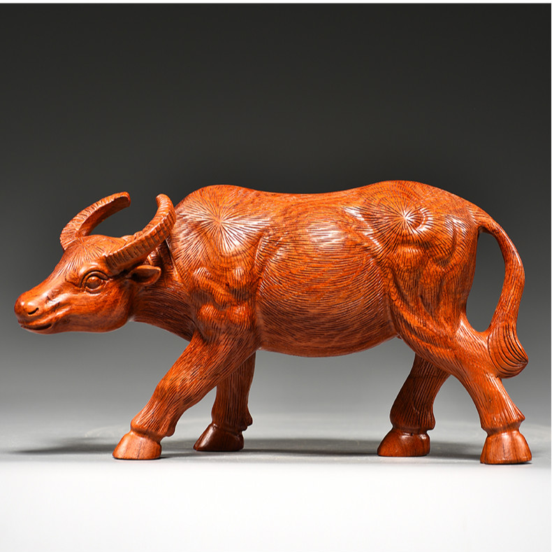 仙莱阁 雕刻牛摆件牛气冲天实木水牛工艺品十二生肖动物客厅送礼品