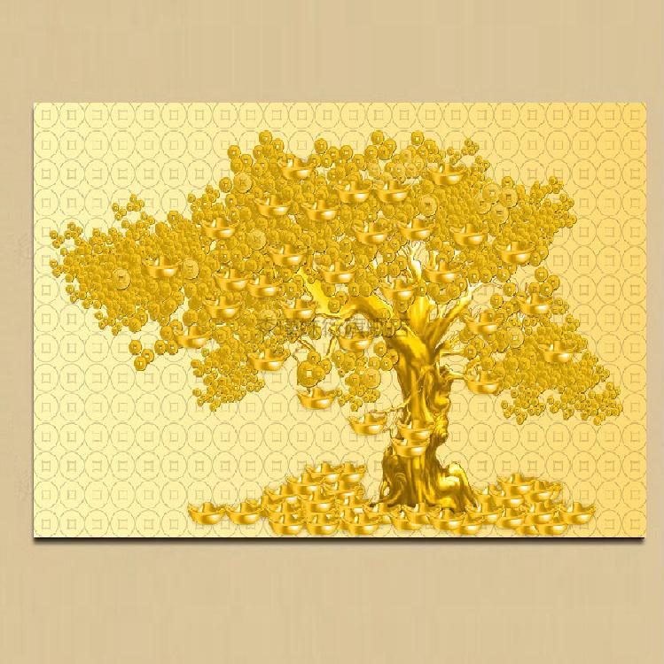 玄关挂画横版发财树画 客厅装饰画单幅横版挂画走廊玄关无框画餐厅