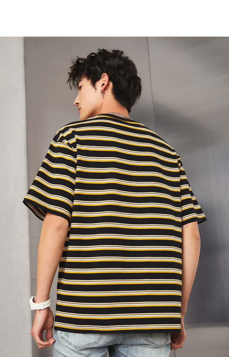 km男装夏季2021新款潮牌男日系条纹上衣宽松短袖t恤ins港风体恤黑色m
