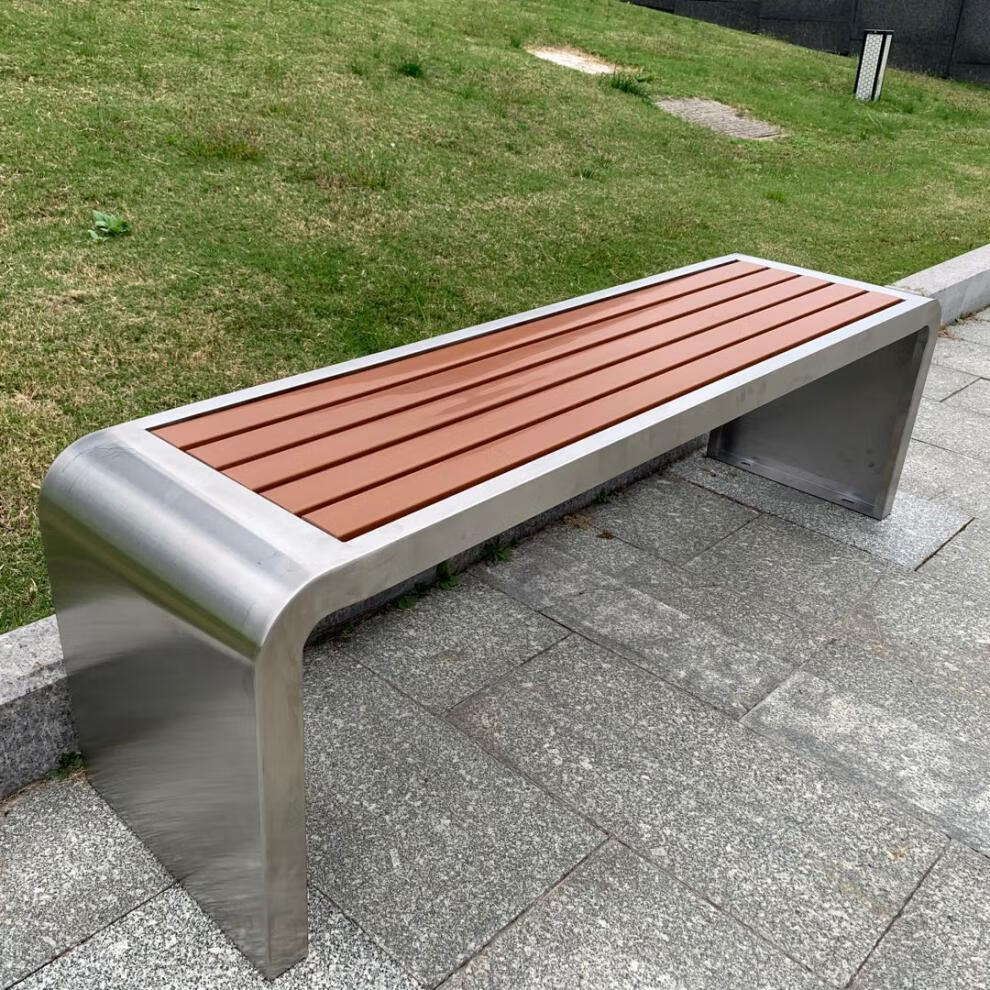 场休息长椅长条凳塑木庭院公共座椅长凳子长180宽40高45cm不锈钢支架