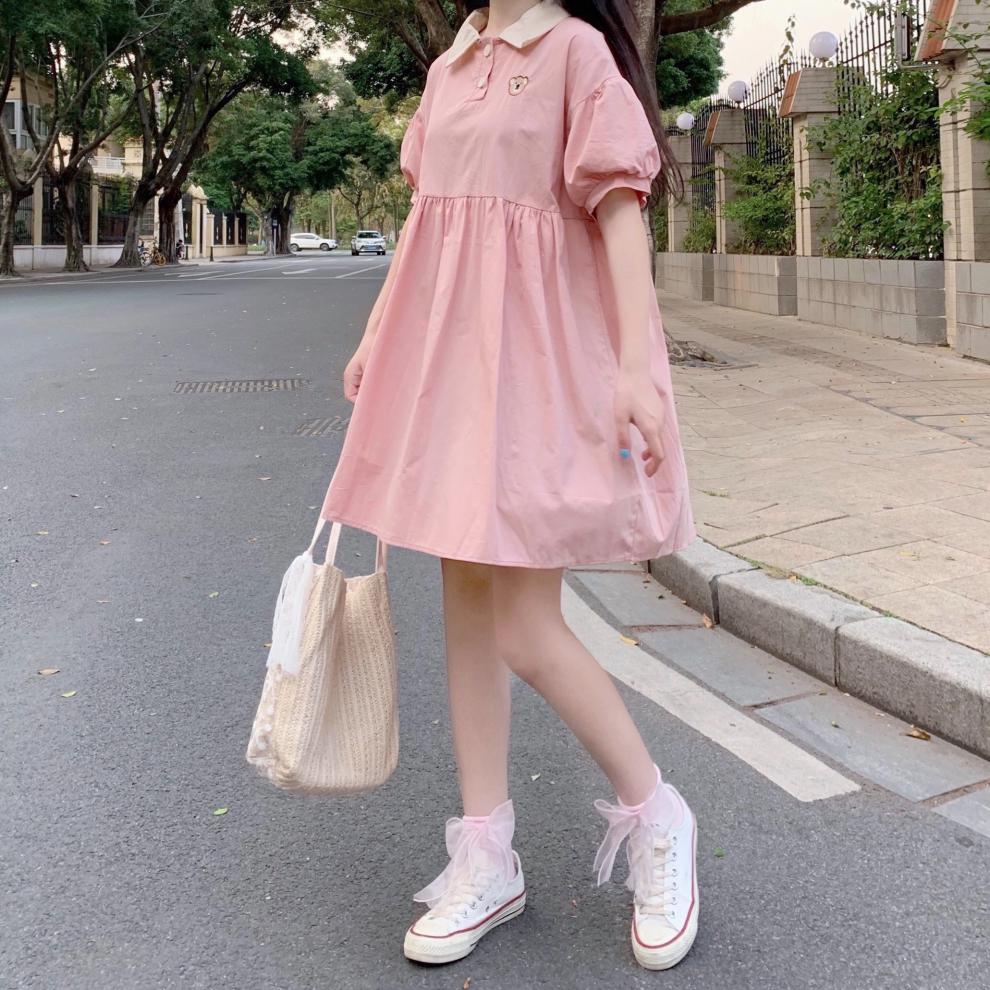 甜妹夏甜美日系学院风软妹连衣裙小个子可爱泡泡袖子女2021年季新款