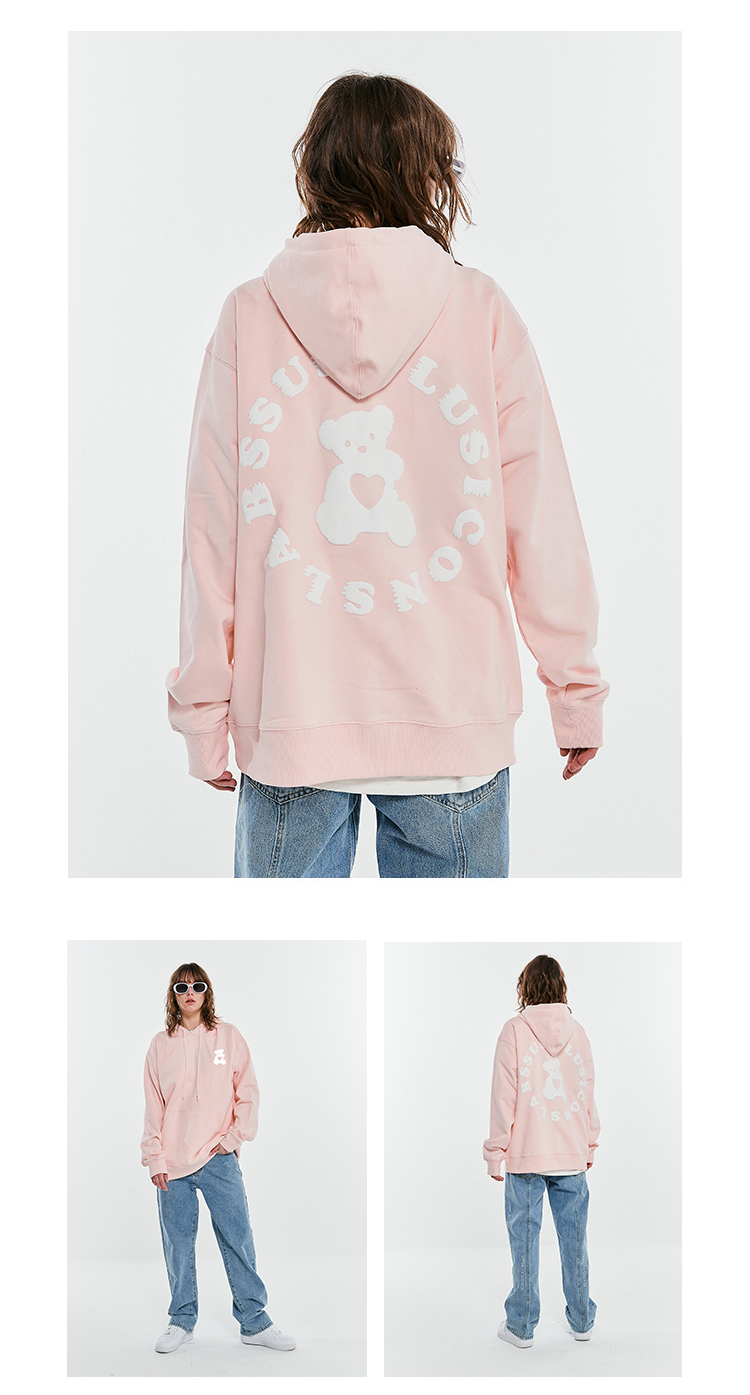 iconslab联名ssurplus爱心小熊连帽卫衣男女情侣宽松休闲连帽衫粉红色