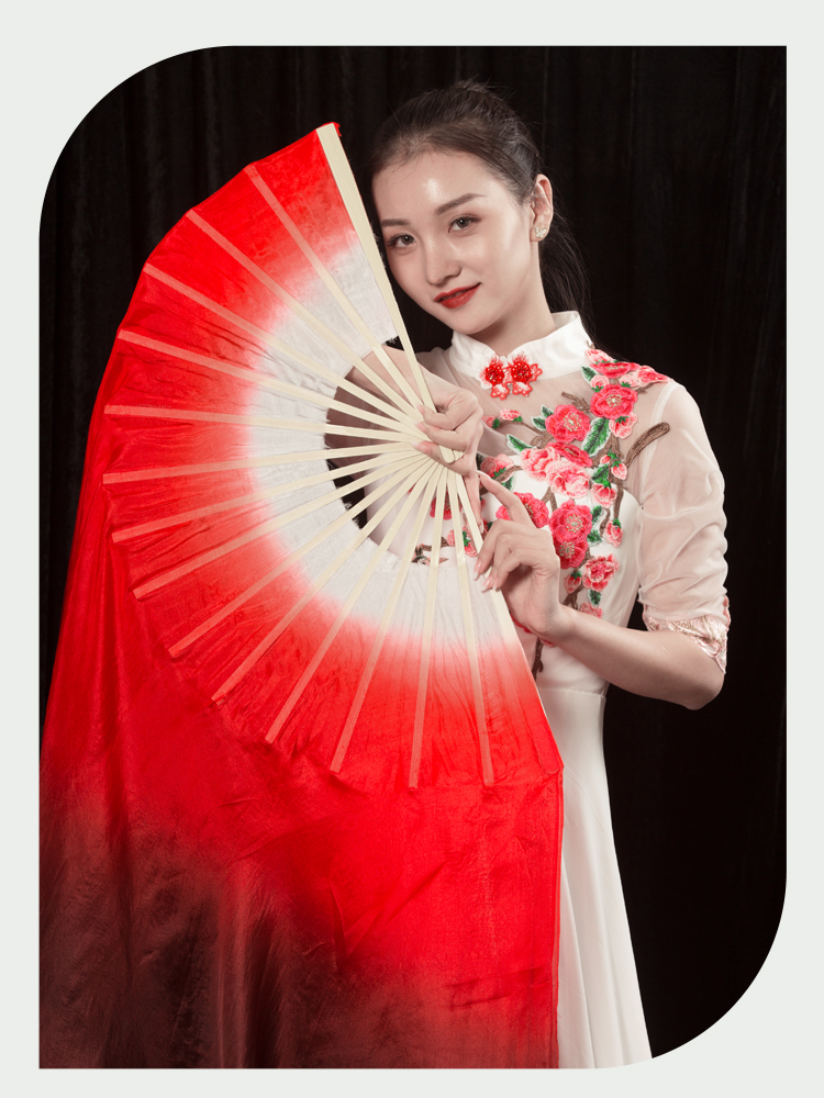 舞蹈扇子长绸扇演出中国舞真丝舞蹈扇子广场大双面深红渐变色加长胶州