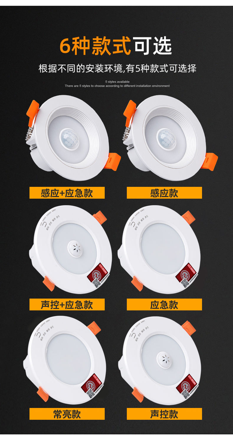 消防应急筒灯led天花灯嵌入式25寸34寸停电应急声控人体感应筒灯25寸