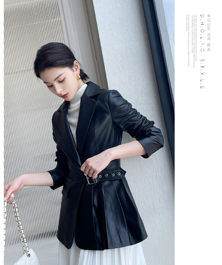 真皮皮衣女中长款系带收腰2021新款海宁西装春秋绵羊皮外套士修身显瘦