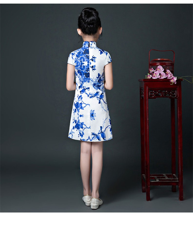 咕咕爱儿童旗袍大童中国风女童青花瓷小女孩国潮连衣裙古筝演出服夏季