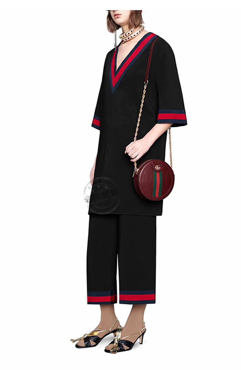 古驰guccit恤女式v领蓝红条纹中袖长款连衣裙578702 zkr01 104 黑色
