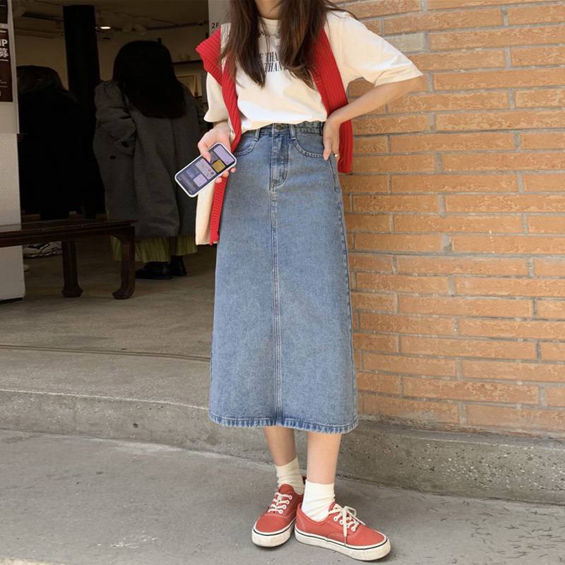 富贵鸟牛仔半身裙女大码开叉夏中长款高腰a字裙2021新款胖mm包臀秋