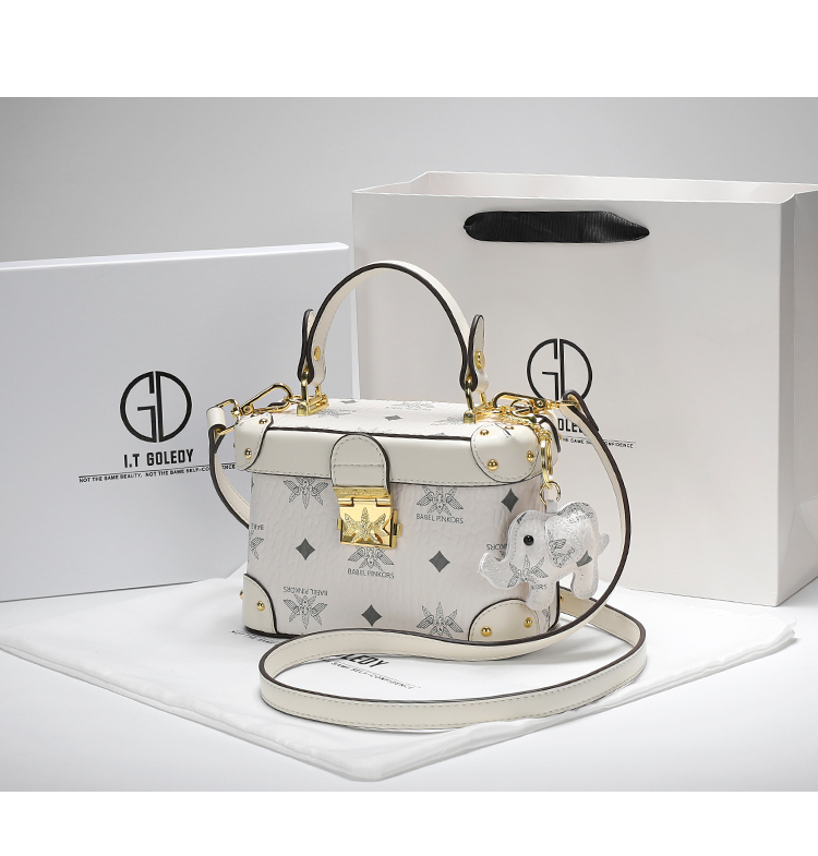 香港itgdledy真皮水桶包质感小众盒子包包2022新款女斜挎包包 棕拼白