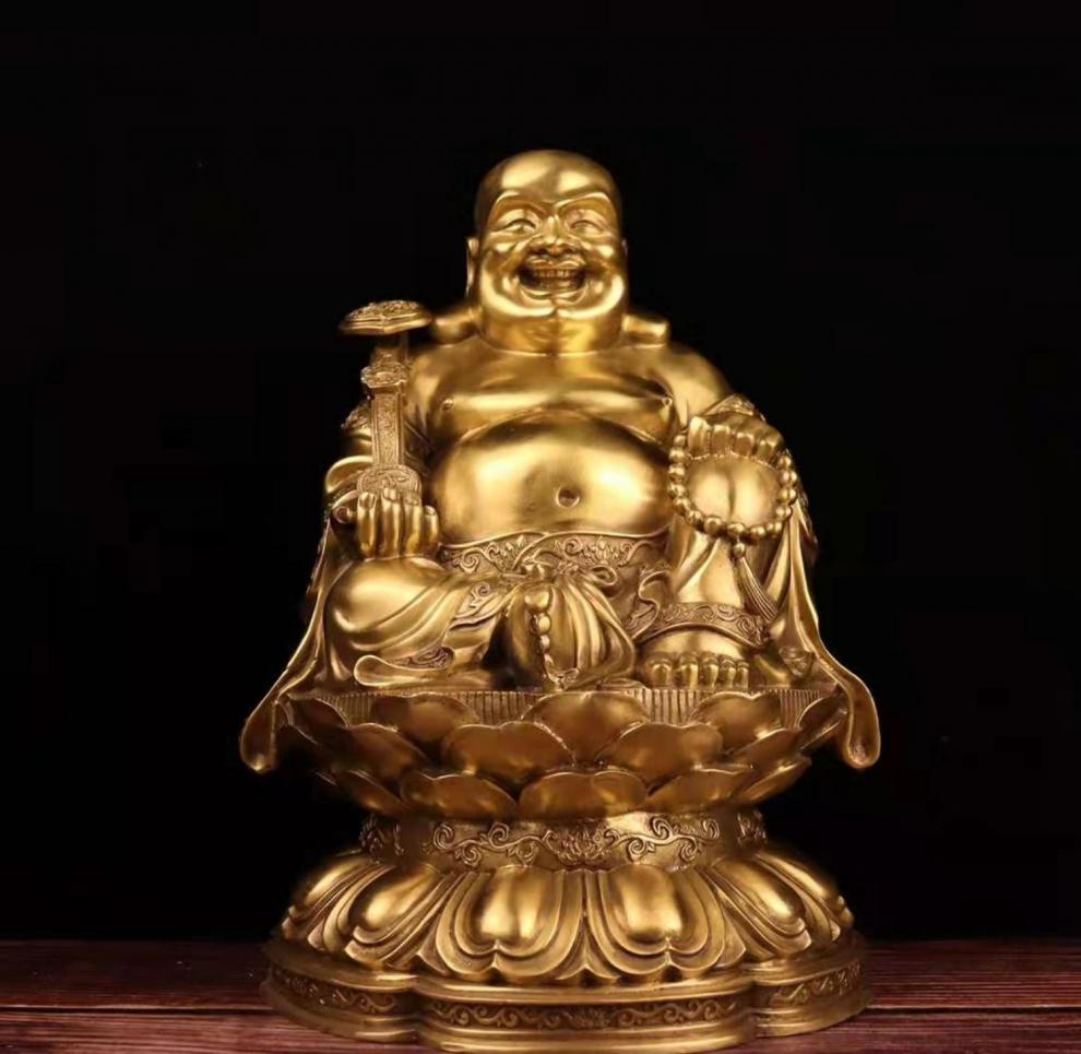 纯铜元宝大肚弥勒 纯铜弥勒佛摆件龙椅佛大肚元宝笑佛布袋佛供奉家用