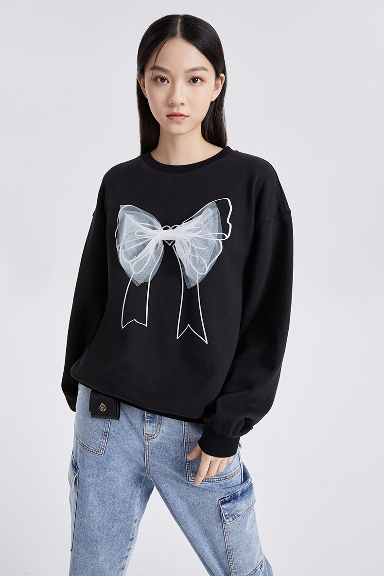 five plus2021秋冬新款女装少女感蝴蝶结卫衣女元气宽松长袖闺蜜装