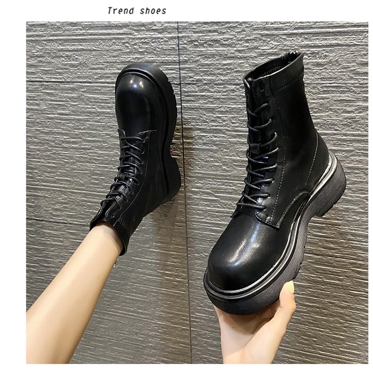 新款厚底马丁靴女2021春秋新款松糕跟增高潮英伦风瘦瘦靴秋季单靴便宜