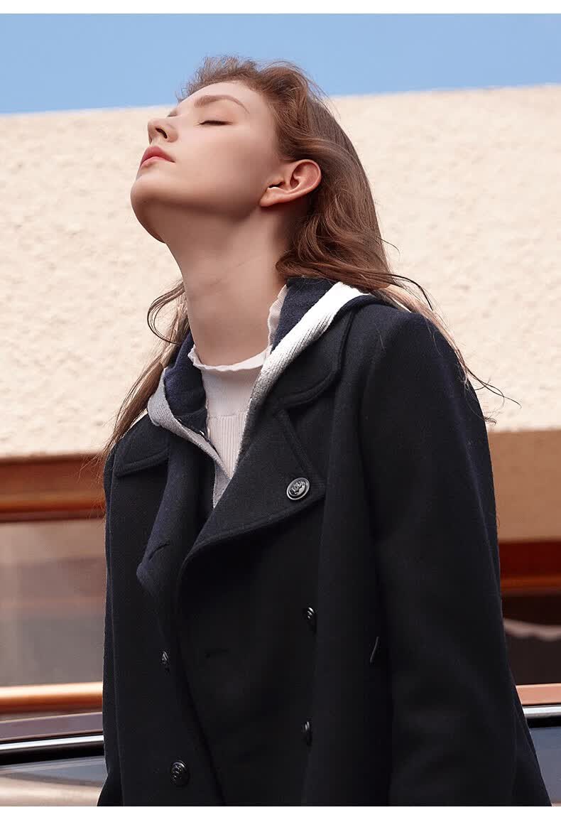 【商场同款】hazzys哈吉斯女装 秋季新款双排扣翻领素色大衣外套abssh