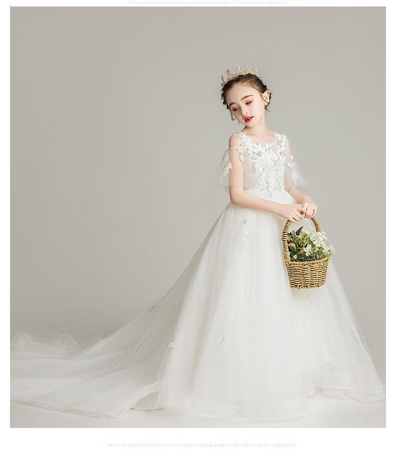 走秀蓬蓬晚礼服花童婚纱儿童钢琴演出服白色长款160适合体重7585斤