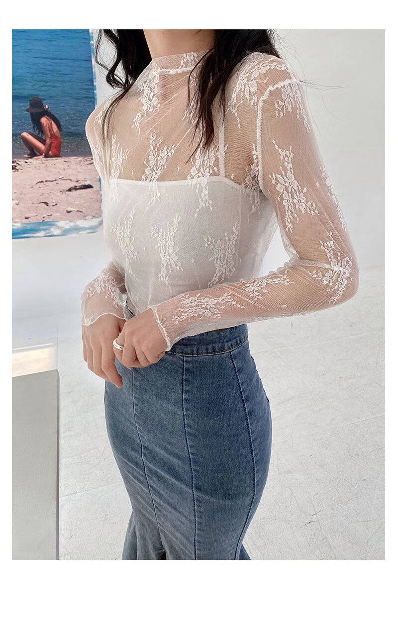 薄纱透明春秋打底衫女士秋装上衣体桖衫丅女式雷丝咖啡色咖啡色两件装