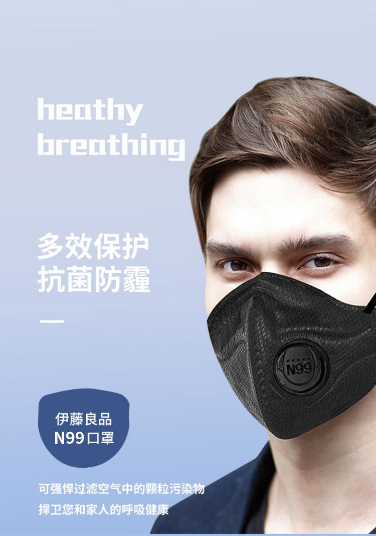 n99防尘防雾霾口罩2只带呼吸阀黑色成人防护口罩2只黑色装