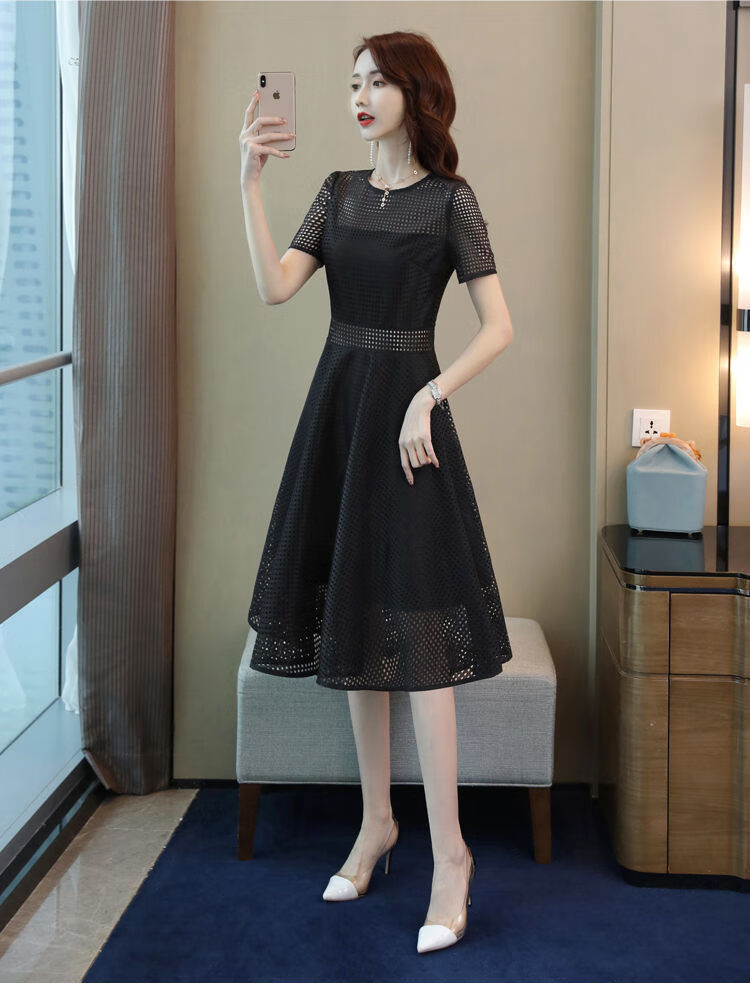 bkqu矮小个子雷丝连衣裙女士打底蕾丝裙春夏新款简约时尚圆领短袖纯色