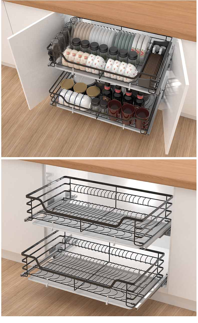 海帝斯纳米黑双层304不锈钢拉篮厨房橱柜抽屉式碗篮碟篮开门阻尼扁钢