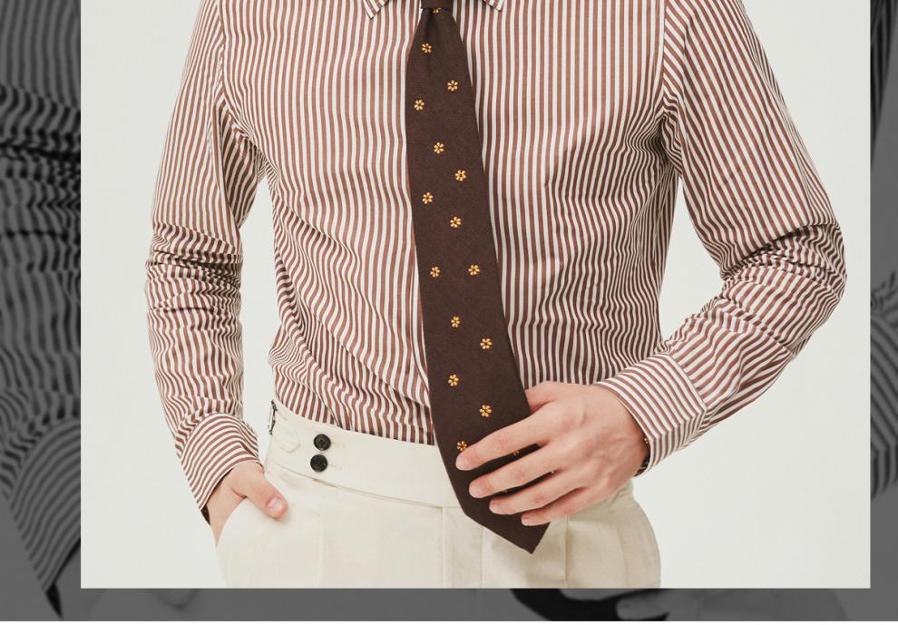 fullmonty春秋长袖衬衫红棕白条纹暗扣领男士纯棉休闲衬衣红棕色