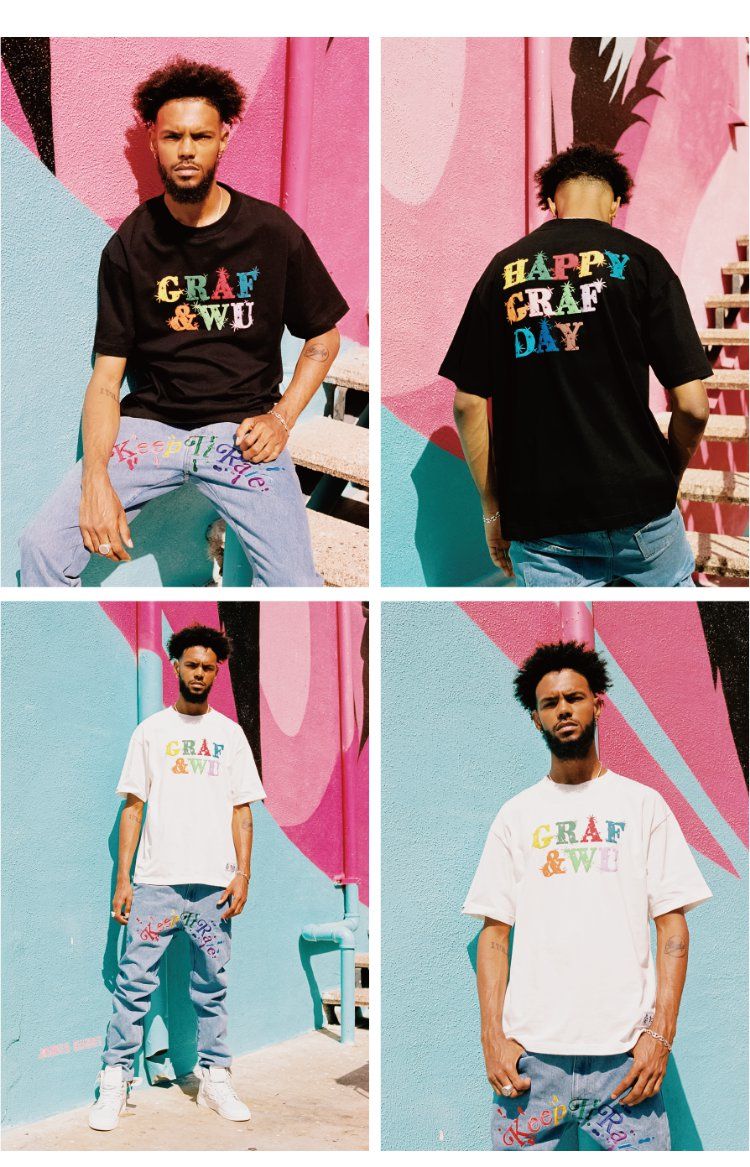 graf品牌grafday愉快每彩色发泡字母印花宽松休闲t恤短袖 黑色短袖 s