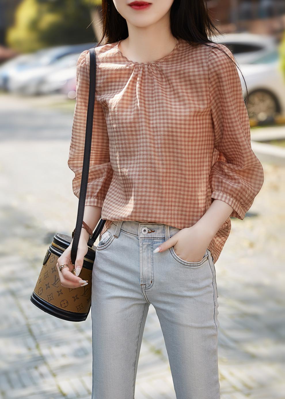 索硕 长袖衬衫女秋季2021新款女装韩版时尚温柔米色系文艺色织格纹