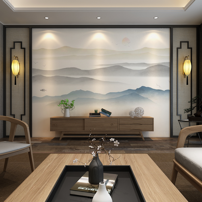 定制壁纸轻奢新中式电视背景墙壁画山水客厅沙发墙纸壁布卧室布 款式