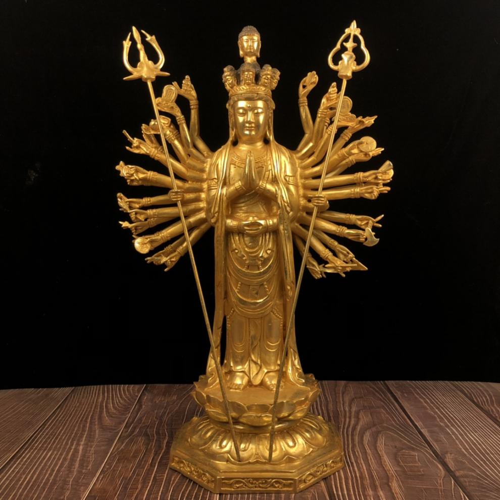 纯铜千手观音摆件千眼千臂菩萨佛像家居店铺开业装饰工艺礼品 鎏金站