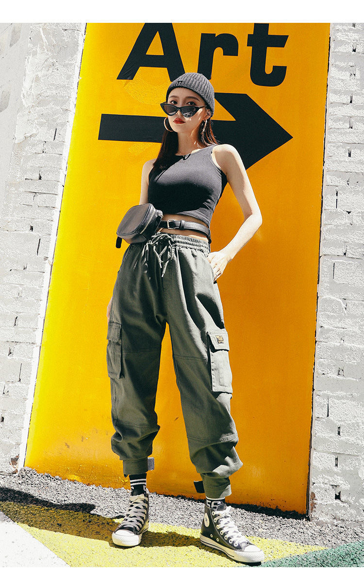 2021新款时尚潮流休闲裤女高腰工装裤女学生魔术贴裤子愉贵妃绿色魔术