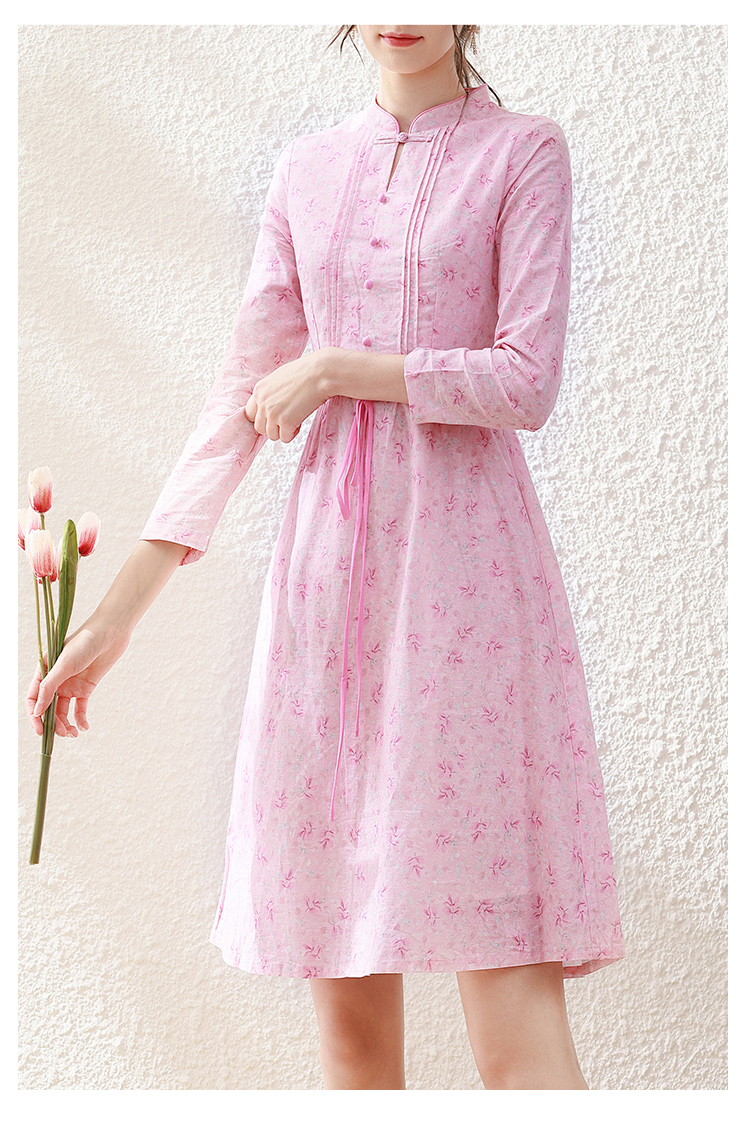 勿忘花粉色碎花棉麻旗袍改良版连衣裙女2021秋装新款复古长袖裙子