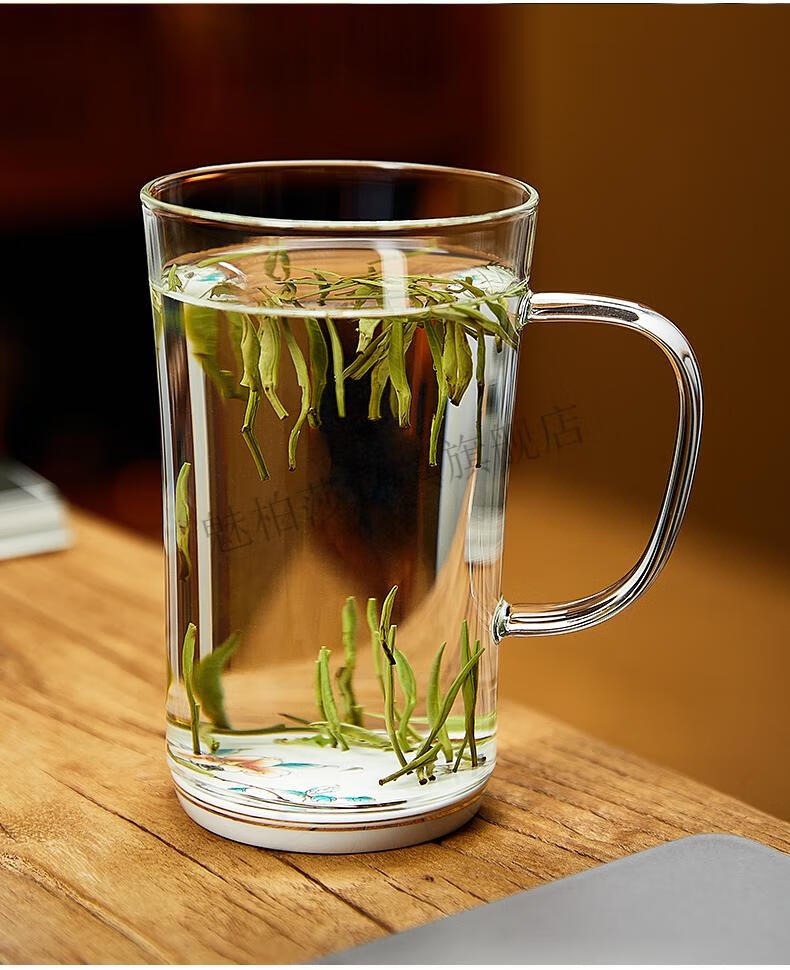 绿茶杯 禾器玻璃杯绿茶杯猴魁茶楼耐热家用透明水杯泡茶茶杯 绿把杯