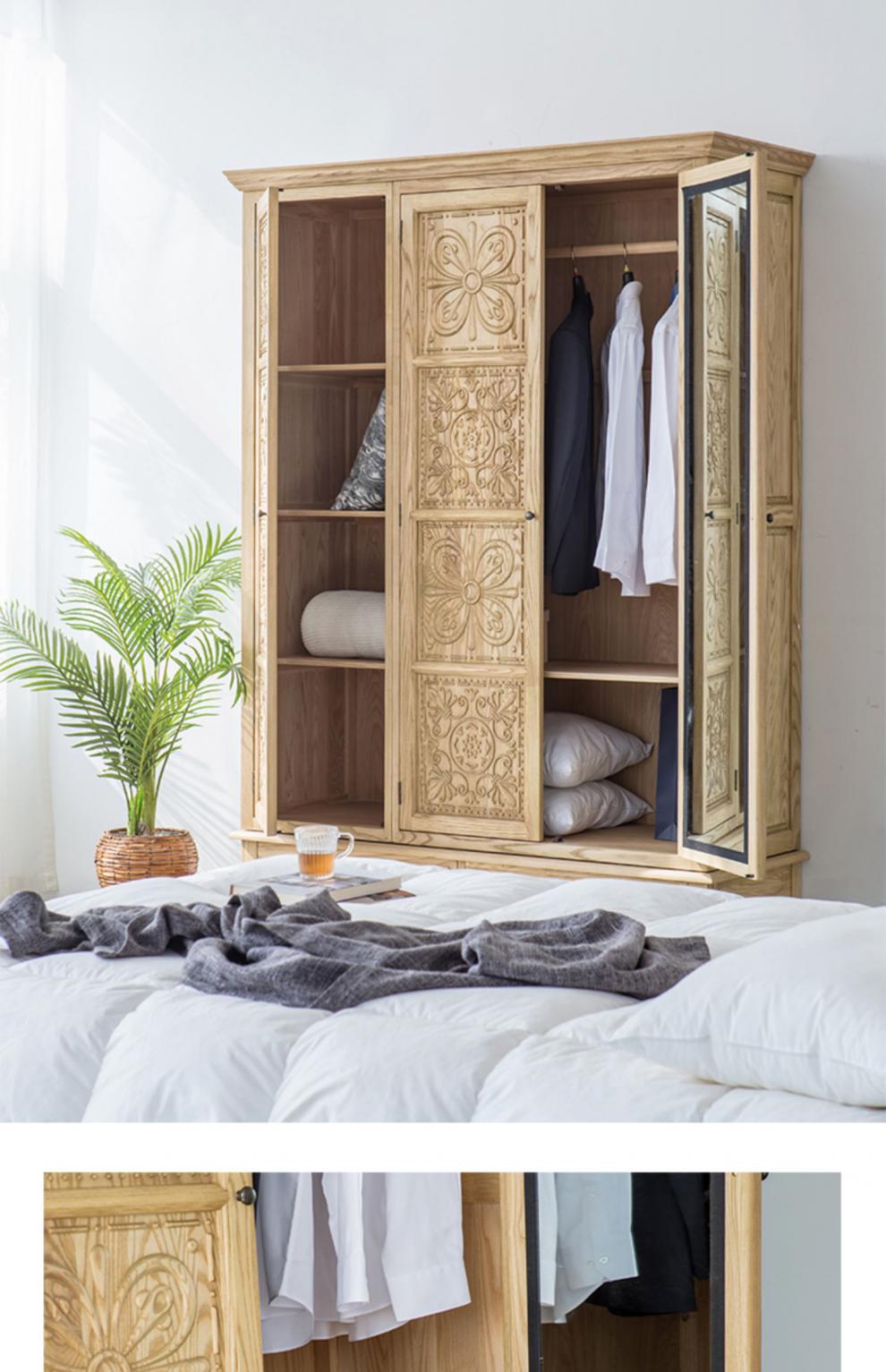 衣柜带镜子美式乡村复古田园实木雕花三门四门衣柜白蜡木卧室多功能柜