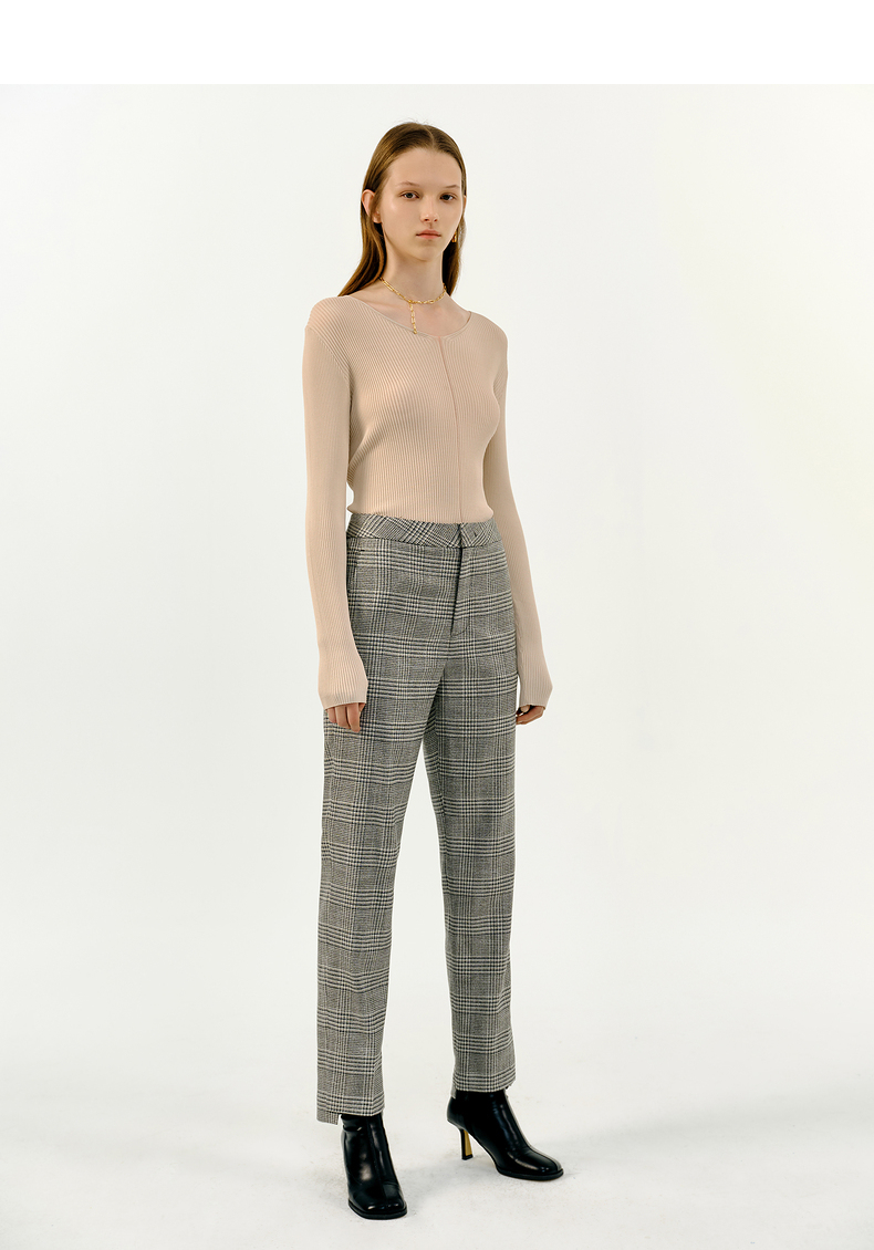 hs女装秋季新款复古格纹直筒高腰九分西裤休闲裤女 米色格子 m/160