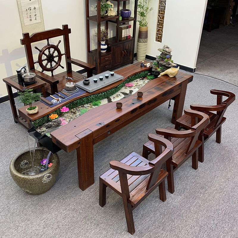 欧兰缔 老船木流水茶桌椅组合实木功夫茶几养鱼缸茶台茶具套装一体新