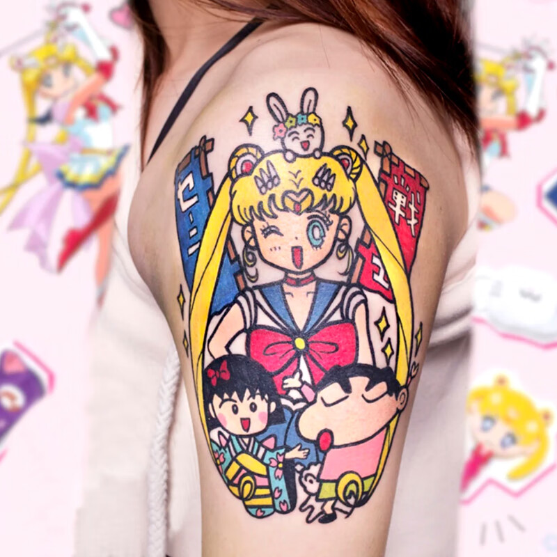 可爱卡通美少女战士花臂纹身贴防水女水冰月ins泫雅风彩色9张【图片