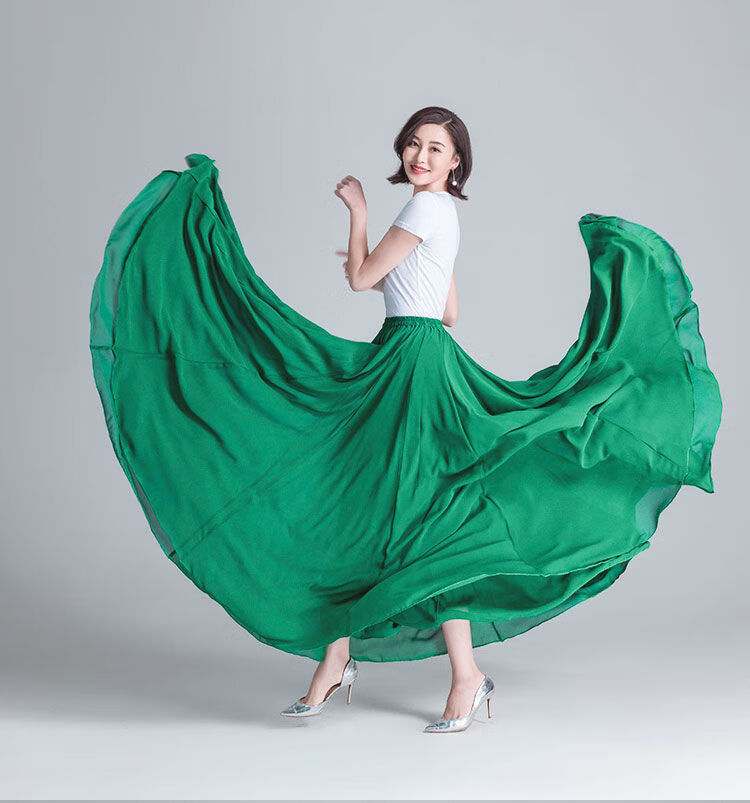 跳广场舞交际舞的裙子720度大摆双层雪纺半身裙红色度假沙滩裙舞蹈裙