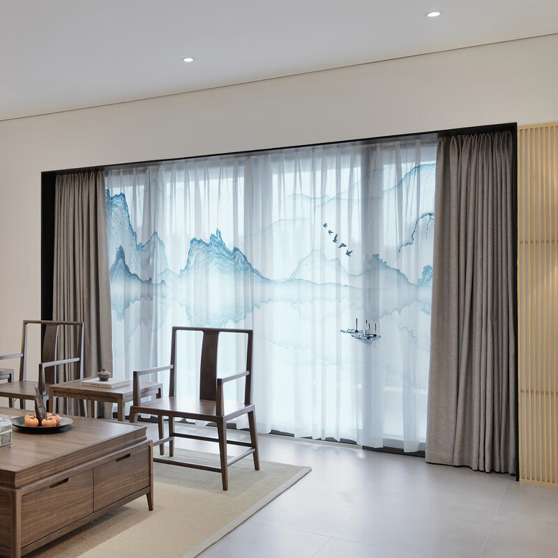 现代新中式窗纱水墨山水画风景窗帘客厅书房卧室名宿薄款隔断纱帘图案