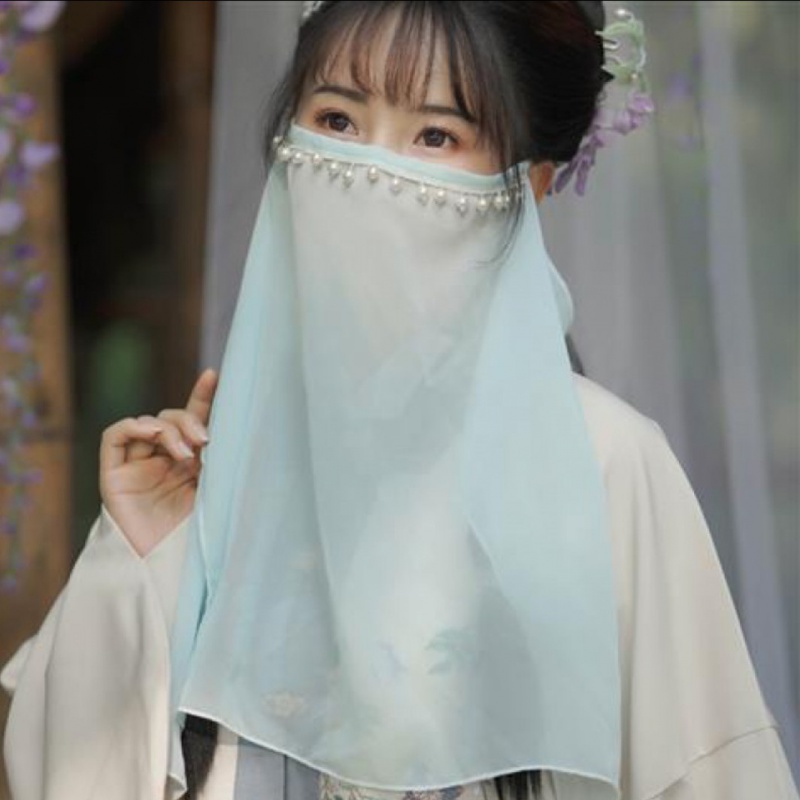 屿汐亚麻围巾夏季古风雪纺面纱汉服遮面蒙面防晒仙女古装纱巾刺绣面帘