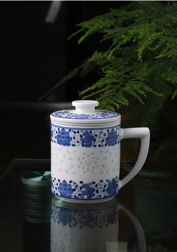 景德镇高端轻奢陶瓷新中式茶水杯男办公室手绘青花玲珑瓷茶杯男办公室