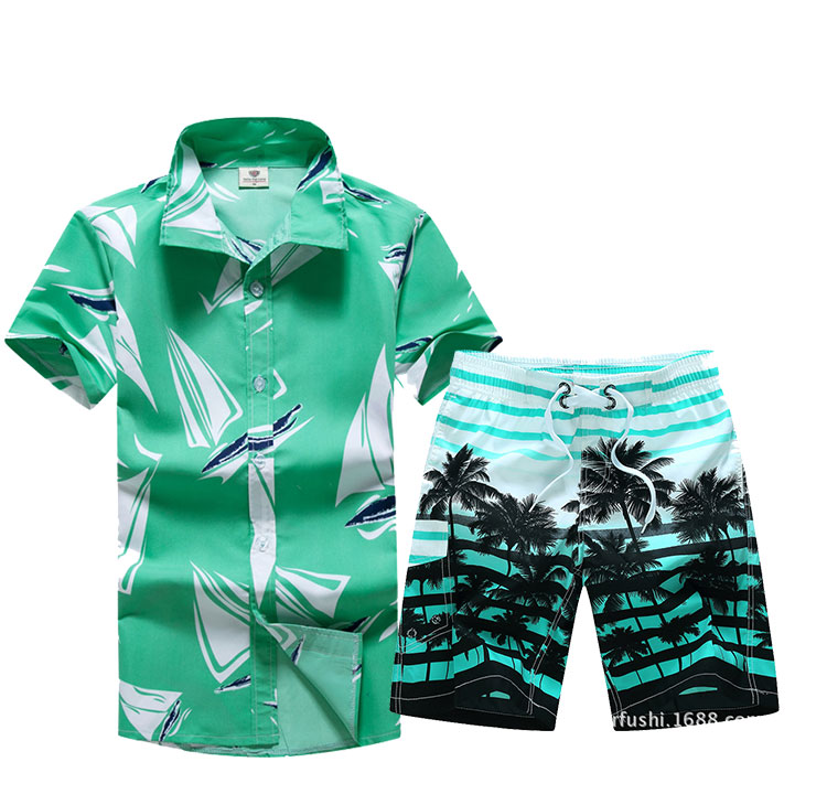 海南沙滩服男套装泰国海边度假夏威夷短袖花衬衫女帅气一套宽松潮白色