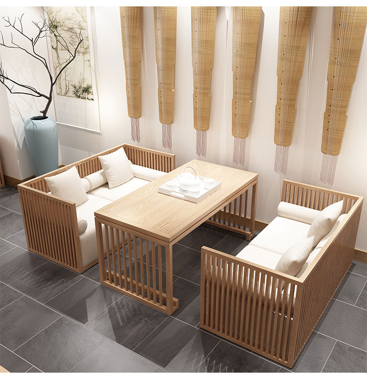 墨绩 新中式茶楼禅意实木沙发茶桌民宿酒店餐厅包间卡座接待原木色