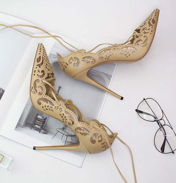 霏楚大码伪娘变装高跟鞋男扮女装镂空花纹尖头浅口绑带12厘米反串cd