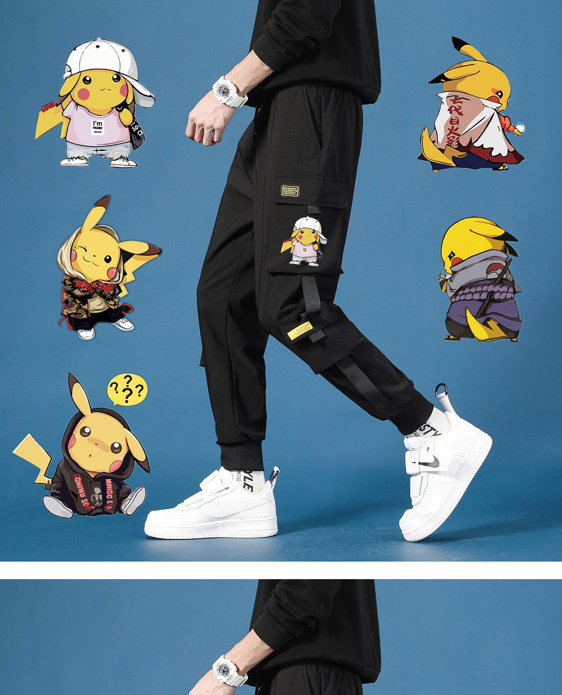 夏季工装裤男高品质裤子男宽松潮牌青少年工装裤男韩版潮流皮卡丘印花