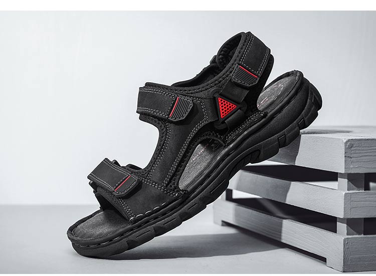 木林森大码运动凉鞋男夏季皮厚底涉水沙滩男士软底男款夏天黑色38