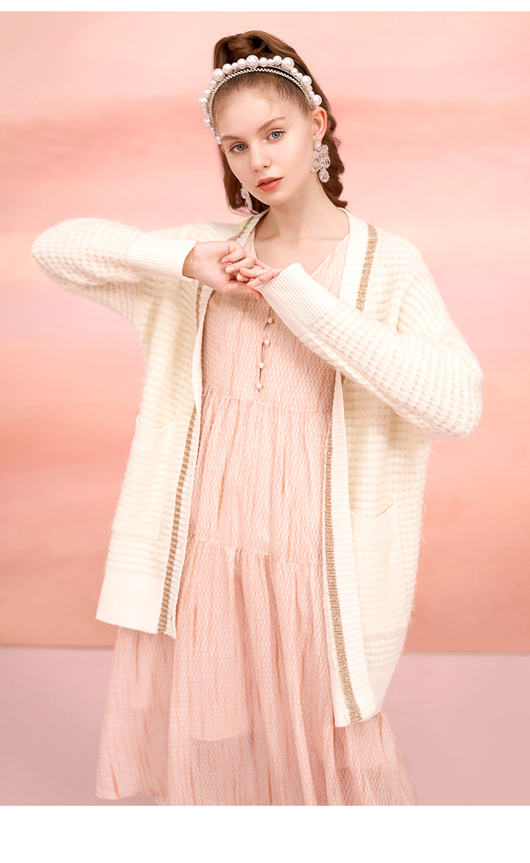 商场同款糖力2021秋新款长袖高腰显瘦中长款肌理雪纺连衣裙女浅橘粉色