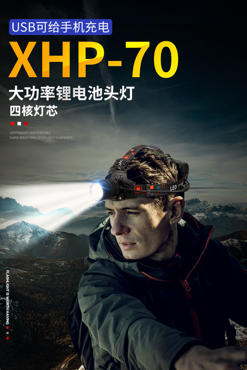 小野人p70头灯强光充电超亮矿灯夜钓鱼户外头戴式疝气灯led变焦小 超