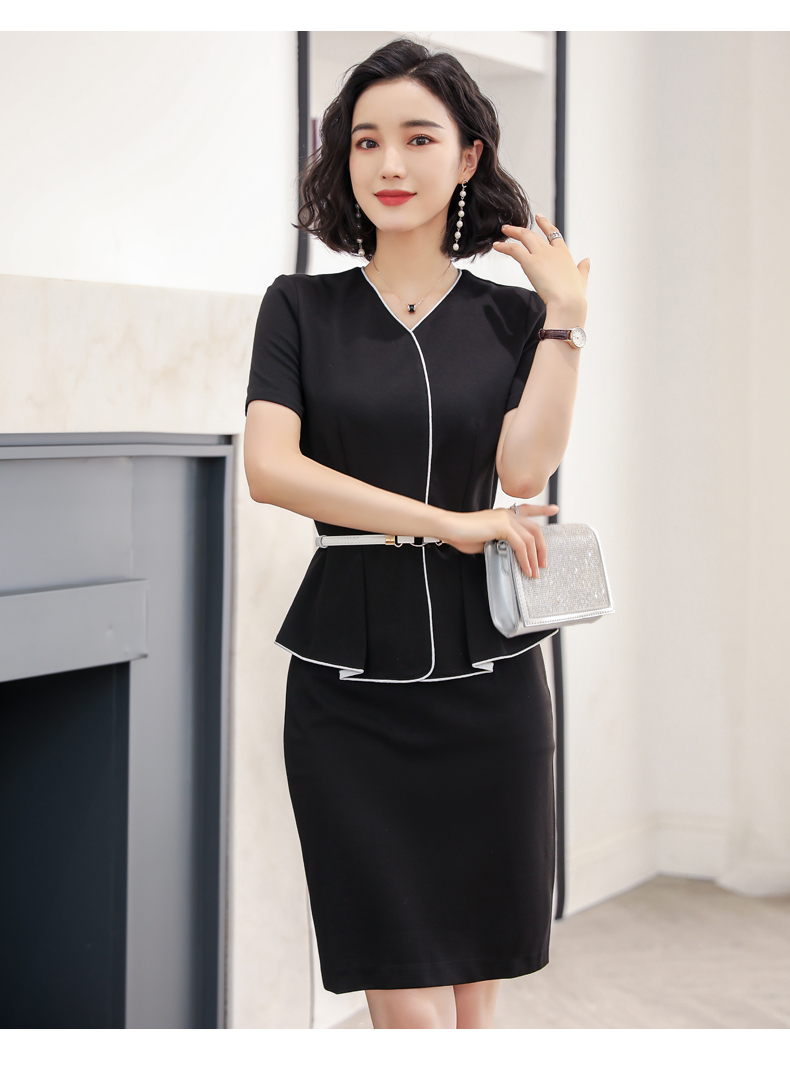 诗璐雅职业连衣裙女夏正式场合v领裙子荷叶边假两件养生馆珠宝店工作