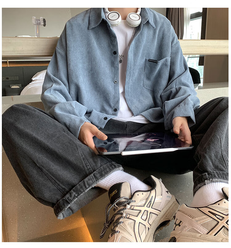 pugesi莫兰迪色灯芯绒peピュア衬衫男日系工装衬衣外套感炸街男装灰色