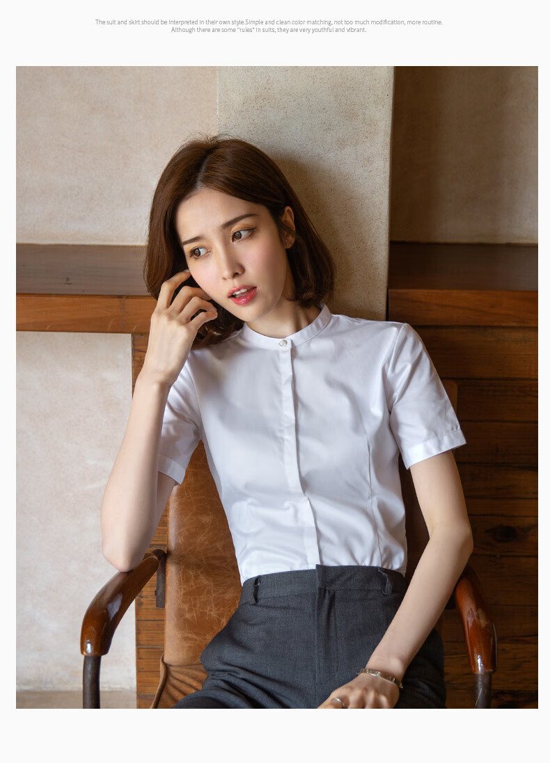 职业女士夏季女半袖小立领衫衬衫女短袖2021新款韩版无白色衬衣收腰工