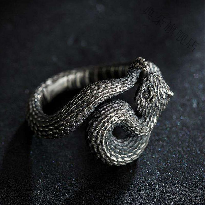 knriquen 个性925戒指蛇戒指男士食指戒指灵蛇戒指哥特暗黑朋克戒指
